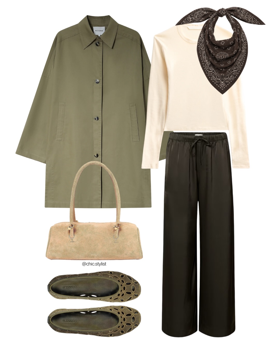Olive, Cream, and Charcoal: Relaxed Layers with a Printed Scarf
