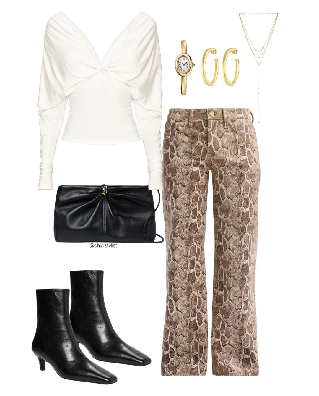 A Draped White Top with Snakeskin Trousers: A Refined Way to Wear Print