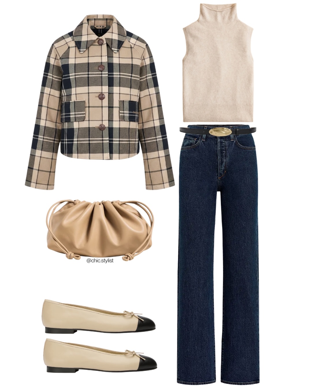 Plaid and Dark Denim: A Short Jacket with a Soft Neutral Base